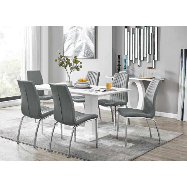 Edzard Double Pedestal High Gloss Dining Table Set with 6 Soft Touch Faux Leather Dining Chairs