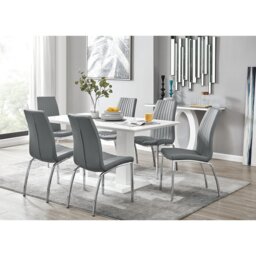 Edzard Double Pedestal High Gloss Dining Table Set with 6 Soft Touch Faux Leather Dining Chairs