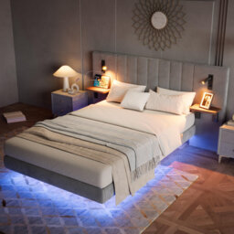 5ft Upholstered Bed With Headboard And 2 Lamps