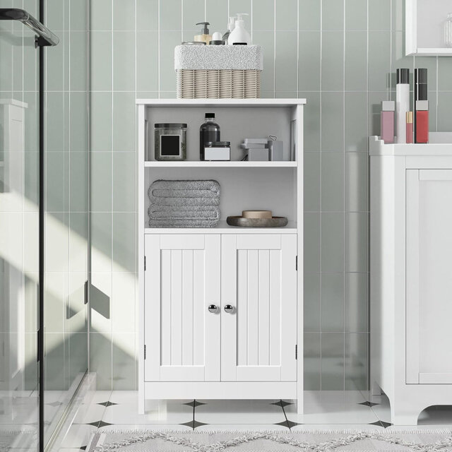 5-Tier Bathroom Floor Cabinet, Double Door Wooden Storage Organizer with Adjustable Shelves