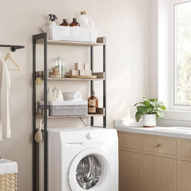 3-Tier Over-The-Toilet Rack, Space-Saving Bathroom Storage Shelf, Greige and Black