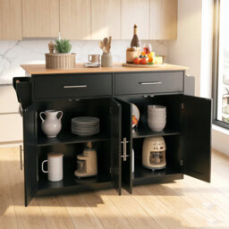 Rolling Kitchen Island Trolley 120x46(70)x91cm, Foldable Drop Leaf, 2 Drawers & Double Door Cabinets, Interchangeable Wheels and Support Feet, Multi-r
