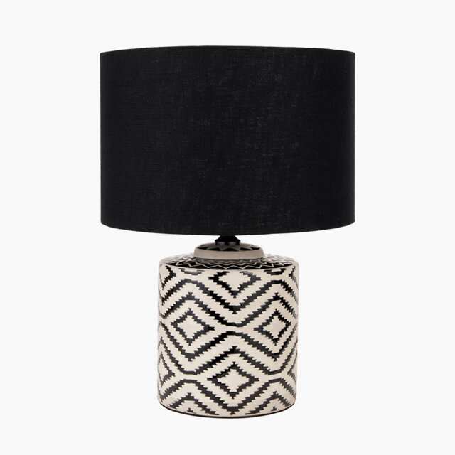 Batruk Black and White Ikat Ceramic Table Lamp Base with Lino 35cm White Self Lined Linen Cylinder Lampshade