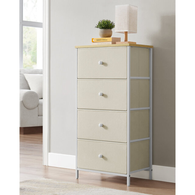 Chest Of Drawers Bedroom, Drawer Storage Unit, Dresser With 4 Fabric Drawers, Metal Frame, Tall And Slim, For Closet