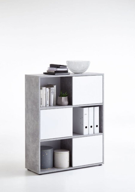 Alp Concrete Grey And White 3-tier Short Bookcase â Versatile Shelving Storage Unit With Doors