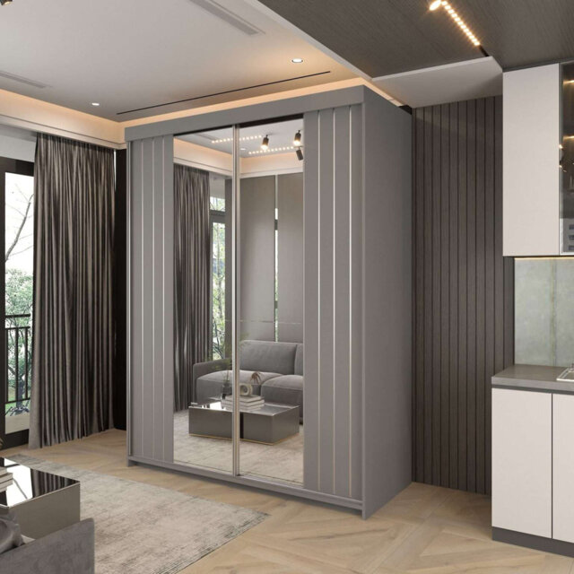 Marbella 2-Door Wardrobe â Sliding Doors, White/Grey/Votan â 150cm/200cm