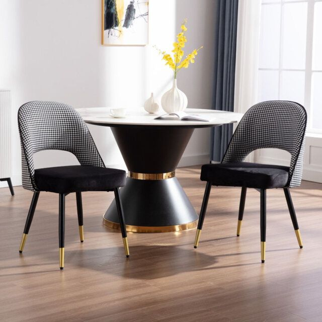Velvet dining chair set of two with metal legs, black