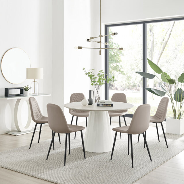 Edzard Statement Round Dining Table Set in Luxury Stone Effect & 6 Faux Leather Dining Chairs
