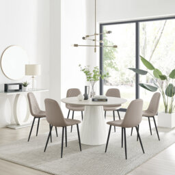 Edzard Statement Round Dining Table Set in Luxury Stone Effect & 6 Faux Leather Dining Chairs