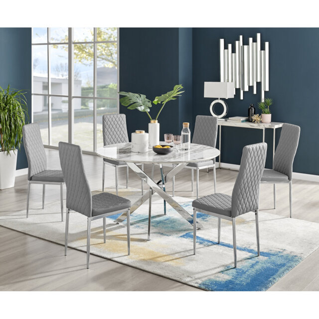 Tierra Modern Chrome Metal & Glass Round Dining Table Set with Quilted Faux Leather Chairs