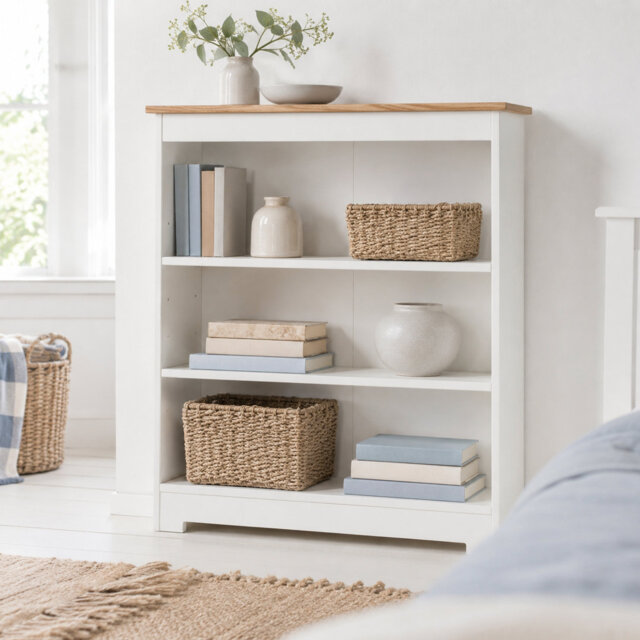 Ainsa 3-Shelf Bookcase, Soft White Painted & Oak Veneer Effect Top