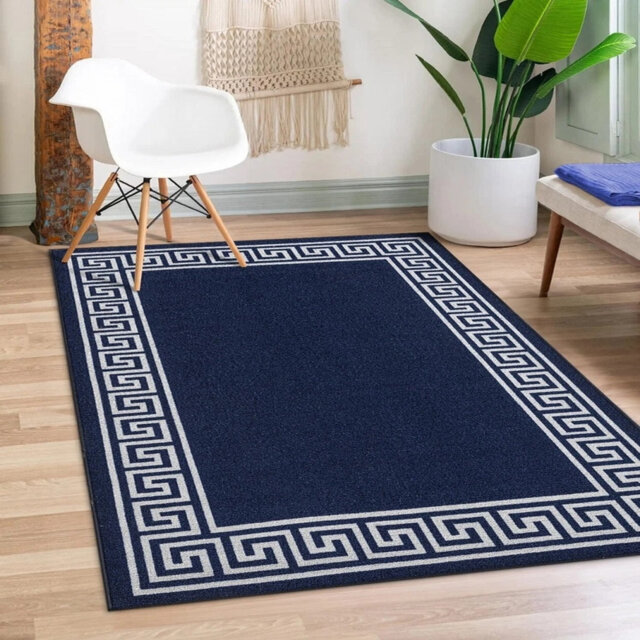 Greek-Key Navy Non-Slip Polypropylene Area Rug — Washable Door Mat & Hallway Runner For Living Room, Kitchen & Bedroom