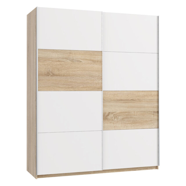 Modern wardrobe with 2 sliding doors, clothing rail and shelves, engineered wood, white /warm oak decor accents, 170.3 cm W x 209.7 cm H x 61.2 cm D