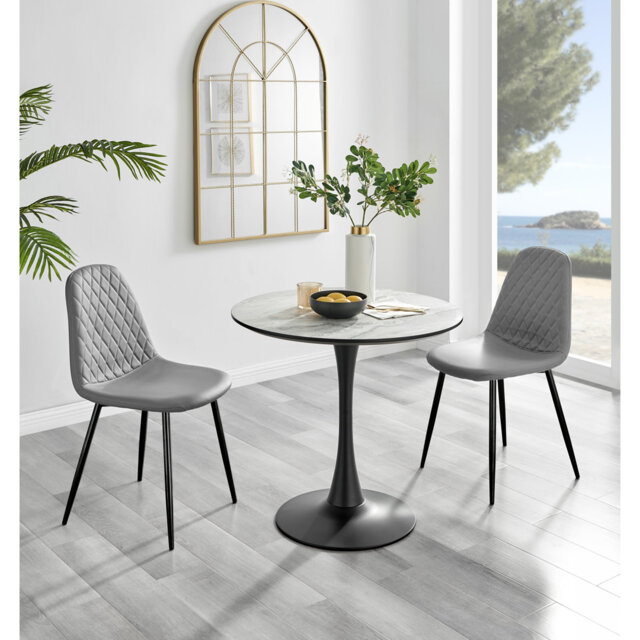 Ellis White Marble Effect Melamine Round Dining Table Set with 2 Luxury Faux Leather Dining Chairs