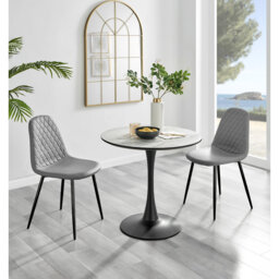 Ellis White Marble Effect Melamine Round Dining Table Set with 2 Luxury Faux Leather Dining Chairs
