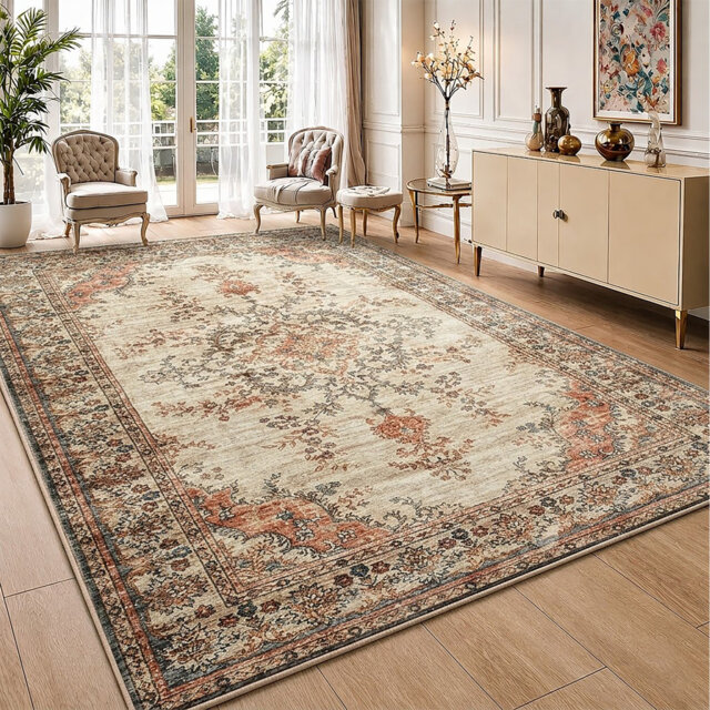 Soft Cashmere Feel Area Rug – Non Slip Low Pile Living Room & Bedroom Carpet, Machine Washable