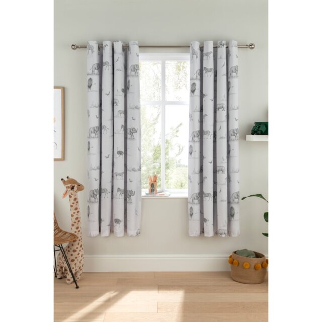 Zambezi Safari Animal Blackout Eyelet Curtains / Drapes Pair (Set of 2) - Cotton Blend, Lined, Kids & Nursery Bedroom, Silver Grey