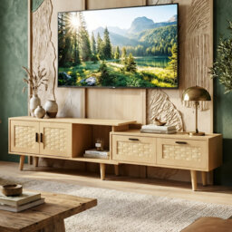 "146-180CM Extendable Rattan Effect TV Stand With Solid Wood Legs, Adjustable Width Media Console With 2 Doors & 2 Drawers (Fits Up To 75"" TV)"
