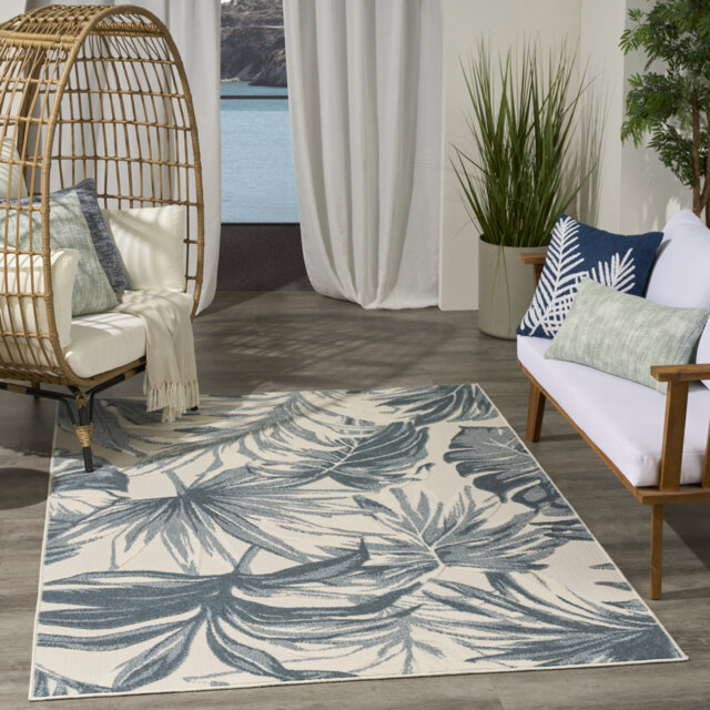 Floral Indoor/Outdoor Ivory Blue Area Rug