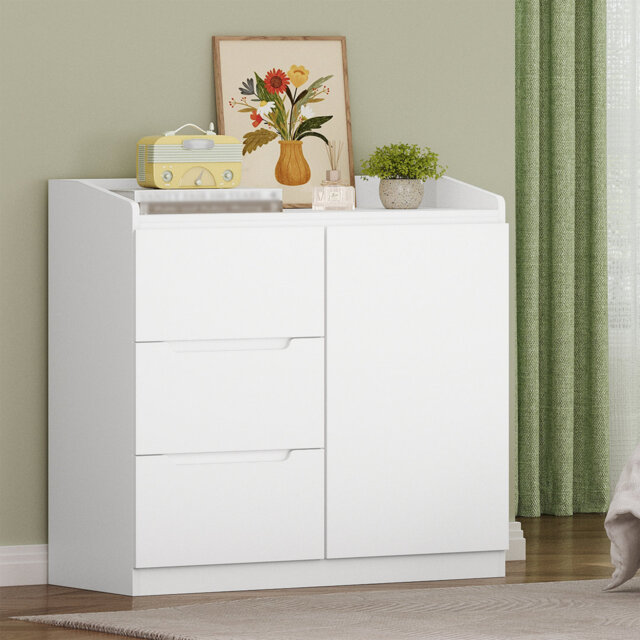 Chest of Drawers, White Drawers for Bedroom, 3 Storage Drawer and 1 Storage Cabinet for Living Room, Modern Wooden Chest Drawer, White