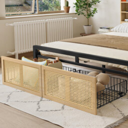 Wooden Bed with Charging Port, LED Light, Headboard Storage & Rattan Drawer