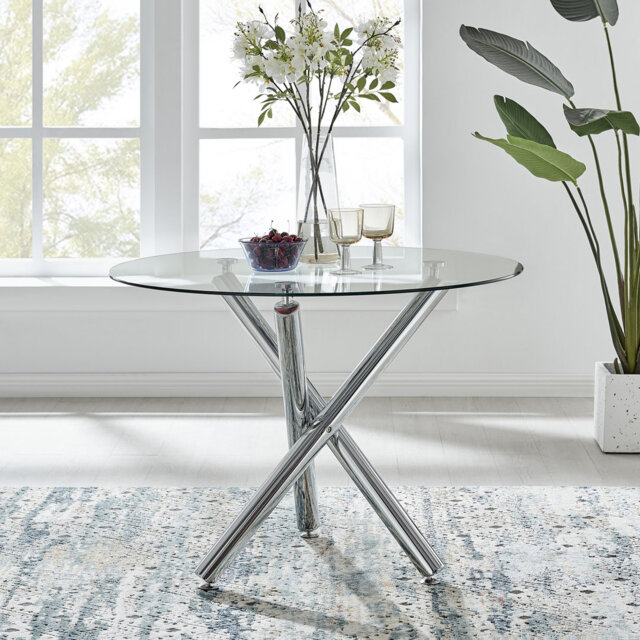 Seline Modern Round Dining Table Set in Glass and Chrome with 2 Luxury Faux Leather Dining Chairs
