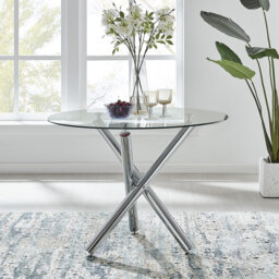 Seline Modern Round Dining Table Set in Glass and Chrome with 2 Luxury Faux Leather Dining Chairs