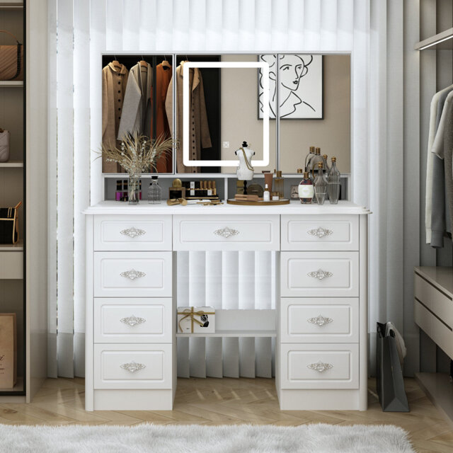 110cm Dressing Table with Tri-Fold LED Mirror & 9 Drawers - High-Capacity Vanity with Hidden Storage