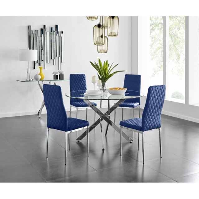 Bernell Modern Chrome Metal & Glass Round Dining Table Set with 4 Quilted Velvet Chairs