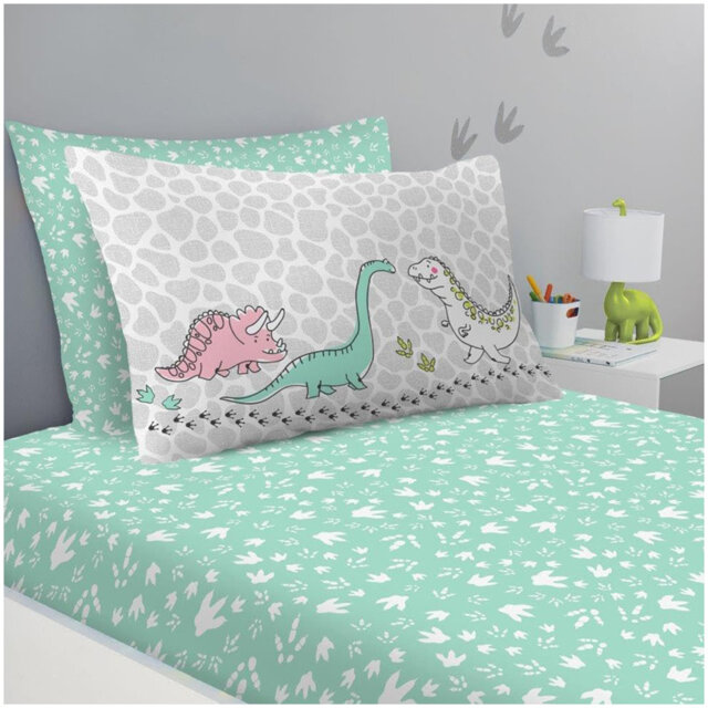 Kids Dino World Fitted Sheet Set Cotton Blend Bedding with Pillowcases Elasticated Edges Snug Fit Soft Breathable Easy Care Durable