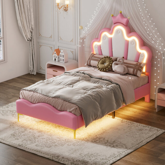 Kids Bed Frame With LED Lights, Girls Bed With Princess Crown, PU Upholstered Platform Bed Frame With Adjustable Headboard For Bedroom, White(90X200 C