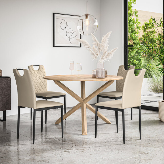 Daraich Round Dining Table And Chairs - Table Top w Legs + Daraich Faux Leather Dining Chair Set Of 4