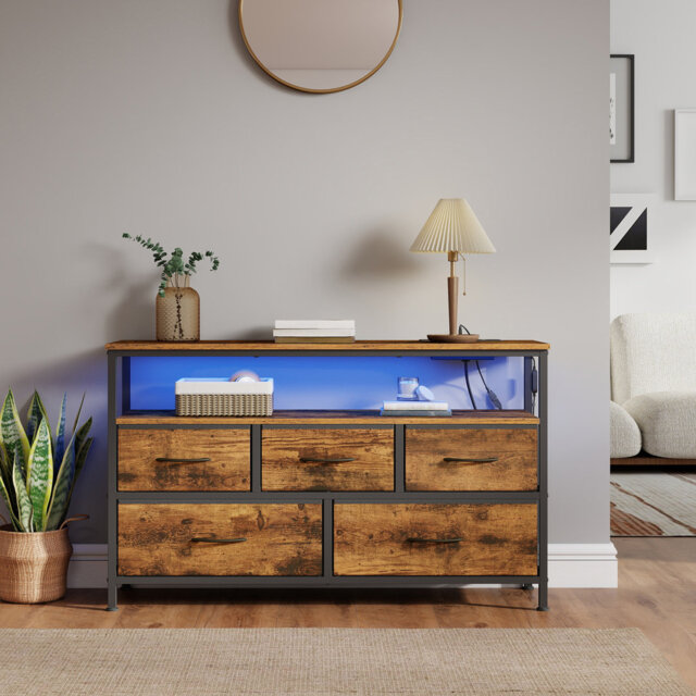 Dresser With LED Lights, 5 Drawers And Charging Station, Chest Of Drawers For Bedroom, Brown And Black