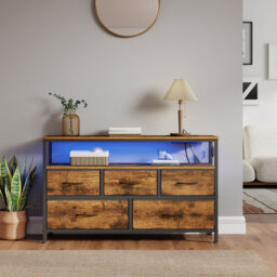 Dresser With LED Lights, 5 Drawers And Charging Station, Chest Of Drawers For Bedroom, Brown And Black