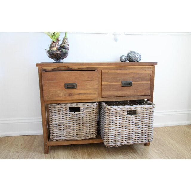 Reclaimed Teak Storage Unit With 2 Drawers Plus 2 Natural Wicker Baskets