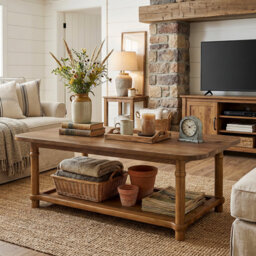 "47"" Solid Wood Coffee Table, Modern Farmhous Center Table with 2-Tier Storage"