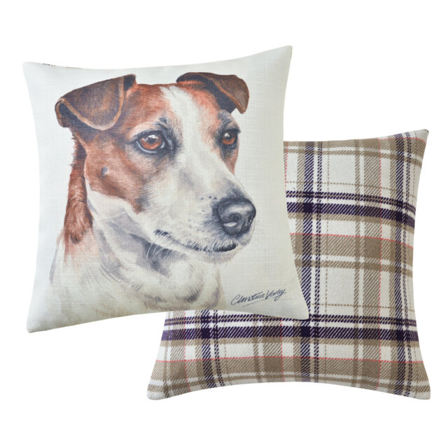 Jack Russel Cushion Watercolour And Check Print. 43 X 43Cm
