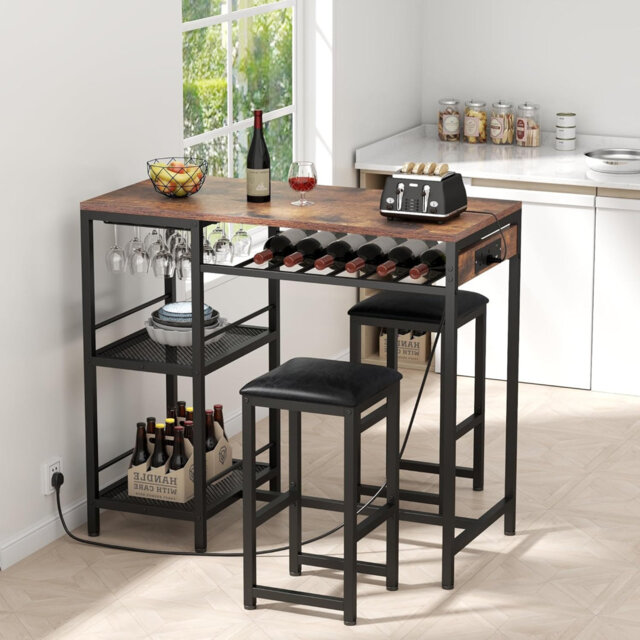 3 Pieces Bar Table Set With Power Outlet, Pub Table And Chairs Set With 2 Storage Shelves For Living Room,Dining Room, Rustic Brown