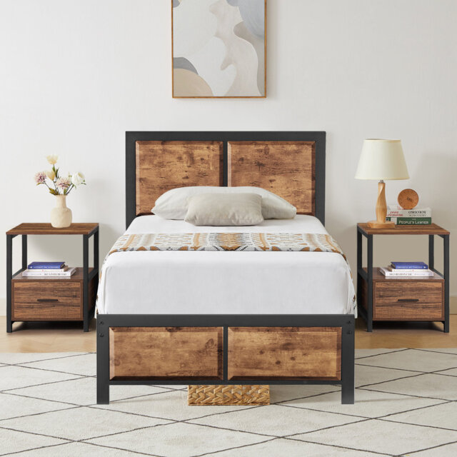 3 Piece Bedroom Set, Industrial Bed Frame with 2 Nightstands Set, Metal Platform Bed with Wood Headboard & Footboard, Farmhouse Bedroom Furniture Set