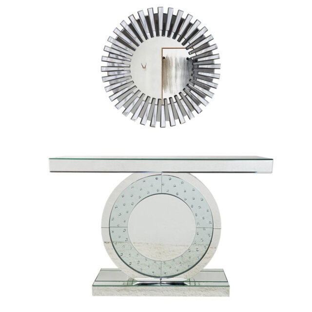 Crystal Inlay Mirrored Console Table & Sunburst Round Accent Wall Mirror For Entryway Decor