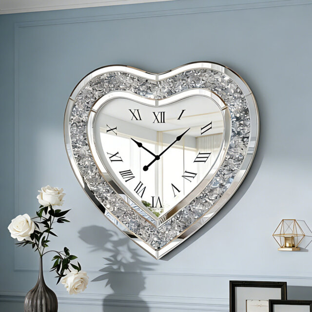 Bashira Glass Mirrored Wall Clock Heart Diamond Accent Clock
