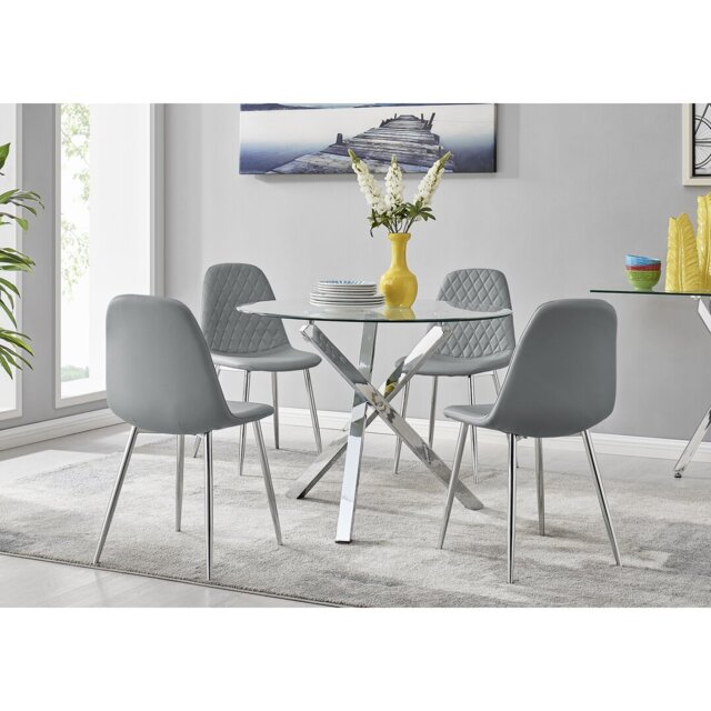 Seline Modern Round Dining Table Set in Glass and Chrome with 4 Luxury Faux Leather Dining Chairs
