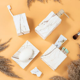 Marble Brown Ceramic Bathroom Accessory Set (4-Piece Retro) - Soap Dispenser & Toothbrush Holder
