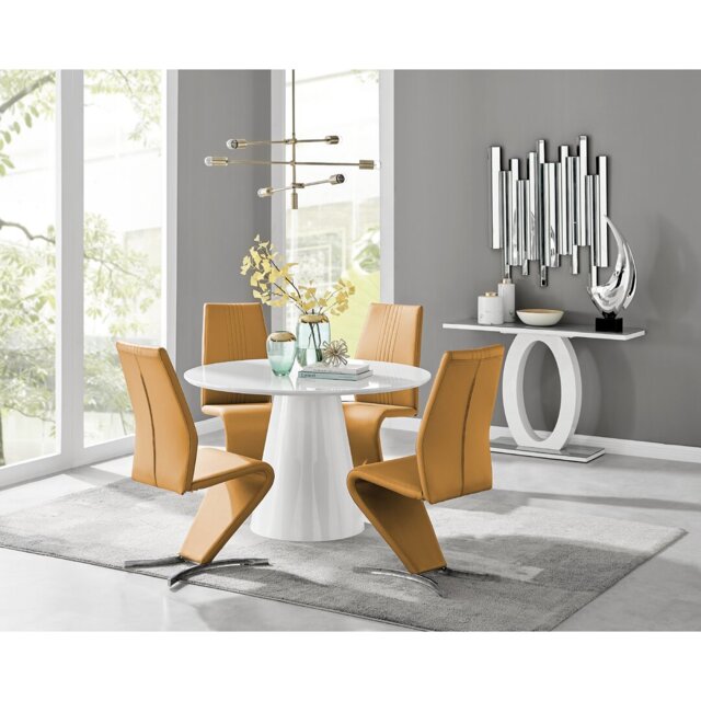 Edzard Statement Pedestal Round Dining Table Set & 4 Luxury Faux Leather Dining Chairs