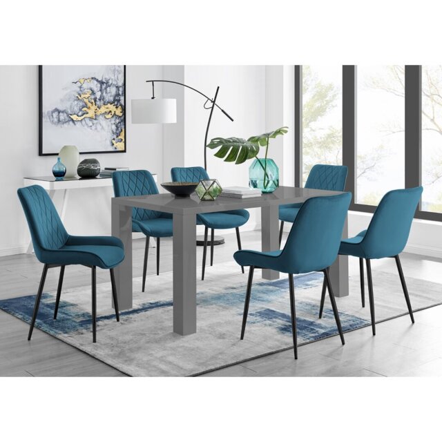 Pivero 6 Grey Dining Table And 6 Blue Pesaro Black Leg Chairs