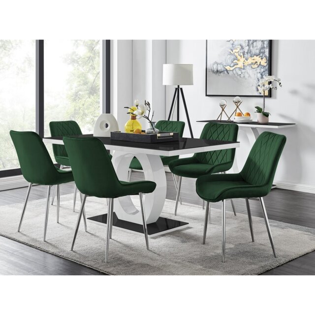 Scottsmoor Modern High Gloss & Glass Dining Set - 6 Luxury Velvet Mid-Century Upholstered Chairs