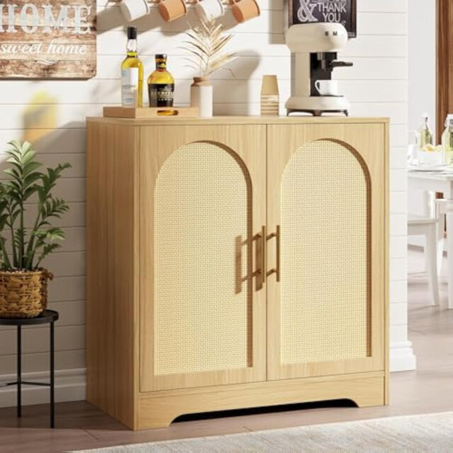 Modern Rattan 2-Door Sideboard Buffet Cabinet with Large Storage & Interior Shelf - Natural Wood Console for Living Room, Dining Room, Entryway & Hall