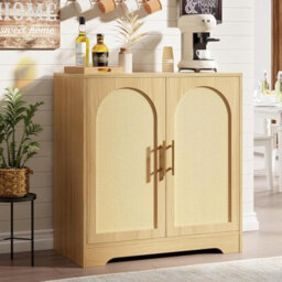 Modern Rattan 2-Door Sideboard Buffet Cabinet with Large Storage & Interior Shelf - Natural Wood Console for Living Room, Dining Room, Entryway & Hall