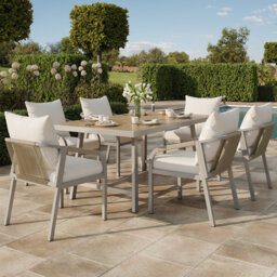 6 Seater Garden Dining Set With Parasol Hole, Galvanised Steel Frame Outdoor Furniture, Plastic Wood Tabletop And Breathable Woven Rope Chairs, Beige