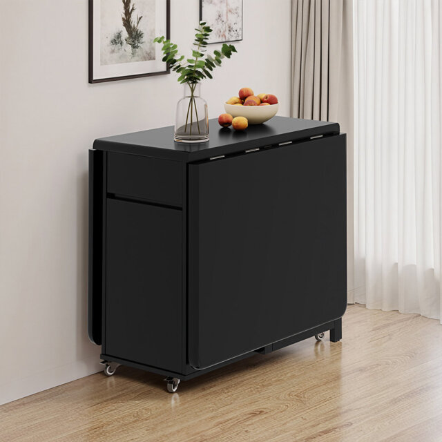Folding Dining Table and 4 Chairs Set, 130CM/150CM Solid Wood Black Finish with Casters, Integrated Storage